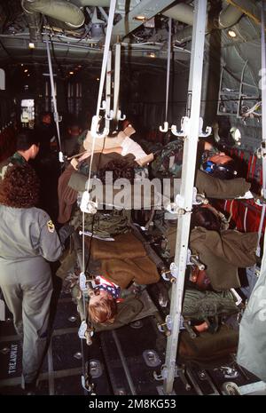 Stretcher bound 'simulated' patients on a C-130, configured for medical evacuation, wait to be transferred to the Aeromedical Staging Facility for treatment during a Mass Casualty exercise at the Kansas City Downtown Airport during Patriot Express '95 a 4th Air Force Reserve exercise. Subject Operation/Series: PATRIOT EXPRESS '95 Base: Kansas City Downtown Airport State: Missouri (MO) Country: United States Of America (USA) Stock Photo