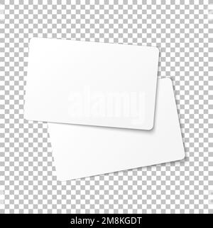 Top view of two realistic business cards mockup. Blank visit cards on transparent background. Design concept. Vector illustration Stock Vector