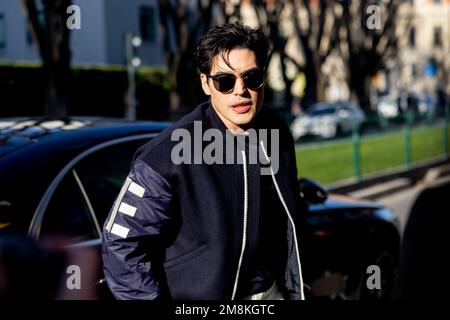 Milano, Italy. 14th Jan, 2023. Cristiano Caccamo is seen at Armani show during the Milan Fashion Week Menswear Fall/Winter 2023/2024 in Milano. (Photo by Mairo Cinquetti/SOPA Images/Sipa USA) Credit: Sipa USA/Alamy Live News Stock Photo