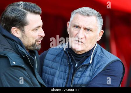 Sunderland, UK. 14th Jan, 2023. Russell Martin manager of Swansea City and Tony Mowbray manager of Sunderland before kick off during the Sky Bet Championship match Sunderland vs Swansea City at Stadium Of Light, Sunderland, United Kingdom, 14th January 2023 (Photo by Dan Cooke/News Images) in Sunderland, United Kingdom on 1/14/2023. (Photo by Dan Cooke/News Images/Sipa USA) Credit: Sipa USA/Alamy Live News Stock Photo