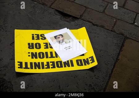 London, England, UK - 14th Jan 2023: Campaigners from the UK Guantanamo Network, Amnesty UK, and some other groups, stage a protest in Central London, after 21 years since Guantanamo Bay opened, demanding the US prison to be shut down and inmates to be charged or released. Credit: Sinai Noor/Alamy Live News - EDITORIAL USAGE ONLY! Not for Commercial USAGE! Stock Photo