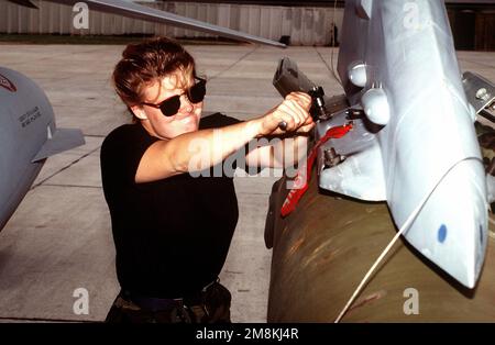 A female weapons loader load GBU-10 munitions onto a US Air Force F-16C Fighting Falcon aircraft from the 555th Fighter Squadron in preparation for NATO airstrikes against the Bosnian Serbs. Subject Operation/Series: DELIBERATE FORCE Base: Aviano Air Base State: Pordenone Country: Italy (ITA) Stock Photo