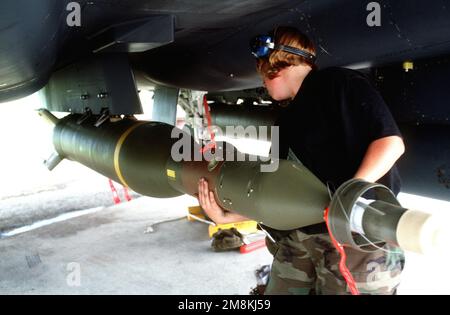 Weapons loaders from the 555th Fighter Squadron load a laser guided bomb system onto a US Air Force F-15 Eagle from the 494th Fighter Squadron, Royal Air Force Lakenheath, England, for NATO airstrikes against the Bosnian Serbs. Subject Operation/Series: DELIBERATE FORCE Base: Aviano Air Base State: Pordenone Country: Italy (ITA) Stock Photo