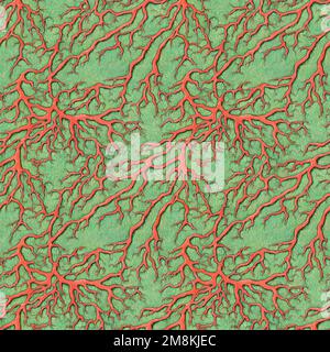 Seamless illustration. Strong orange plant Roots against green Background Stock Photo