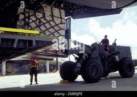Members of the 437th Aerial Port Squadron, McGuire Air Force Base, N.J., load a C-17 with supplies at Cyril E. King Airport at St Thomas after Hurricane Marilyn. Base: Saint Thomas State: Virgin Islands (VI) Country: United States Of America (USA) Stock Photo