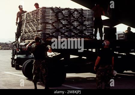 Members of the 437th Aerial Port Squadron, McGuire Air Force Base, N.J., load a C-17 Globemaster III with relief supplies at St. Thomas. The U.S. Air Force is flying in personnel and supplies into St. Thomas and St. Croix to provide humanitarian relief from the hurricane. Subject Operation/Series: HURRICANE MARILYN Base: Saint Thomas State: Virgin Islands (VI) Country: United States Of America (USA) Stock Photo