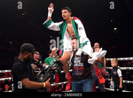 Luis Alcaraz Pineda celebreates winning the super-middleweight bout against B Davey at the OVO Arena Wembley, London. Picture date: Saturday January 14, 2023. Stock Photo