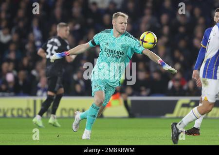 Aaron Ramsdale in action for Arsenal against Brighton & Hove Albion at the AMEX Stadium Stock Photo