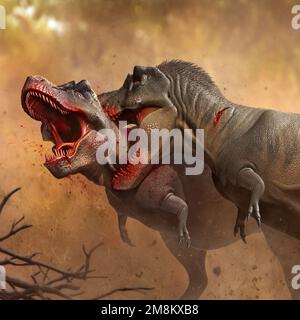 Two Tyrannosaurus rex Fighting Stock Photo