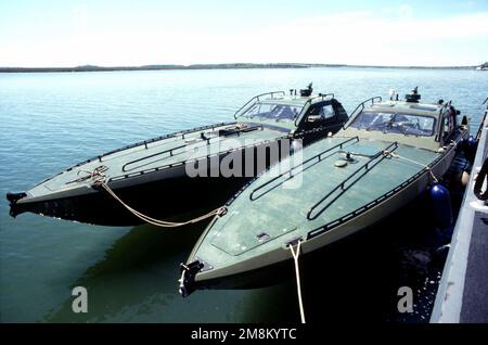 Shot of two Mark V special operations boats, moored in Port Royal, South Carolina, in support of Combined Joint Task Force Exercise (CJTFX) '96, as part of a multinational force of over 50,000 Soldiers, Sailors, AIRMAN and Marines from Canada, Britain and the United States. Subject Operation/Series: CJTFX '96 Base: Port Royal State: South Carolina (SC) Country: United States Of America (USA) Stock Photo