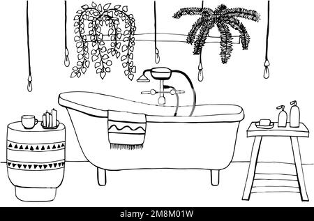 Coloring book with retro bathroom in boho style Stock Vector