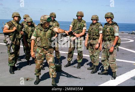 CHIEF Warrant Officer Michael Dominguez (hometown, Puerto Rico) attached to the 3rd Battalion, 8th Marine Regiment, 2nd Marine Division, instructs Marines from Lima Company, 3rd Battalion, 8th Marine Regiment in the use of the M16A2 Service Rifle in the Sling Arms Position on the flight deck of the USS PONCE (LPD-15) during its transatlantic voyage. The Special Purpose Marine Air-Ground Task Force (SPMAGTF) Liberia, a II Marine Expeditionary Force unit from Camp Lejeune, NC, will take over the duties of the 22nd Marine Expeditionary Unit at the US Embassy in Monrovia, Liberia. The SPMAGTF is c Stock Photo