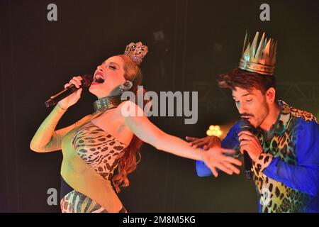 Leon, Mexico. 13 Jan 2023. Ceci de la Cueva as Nala and Rodrigo Uriqui as Simba performing The Lion King 'I Just Can't Wait To Be a King' at Disney Myst Be Our Guest show premiere on Feria de Leon 2023. Credits: Juan Jose Valdez / JVMODEL Credit: JVMODEL/Alamy Live News Stock Photo