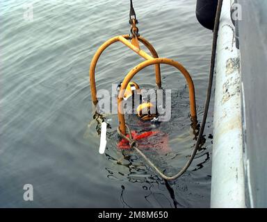 US Navy MASTER Diver Eric Frank and Diver James Mariano from Mobile Diving Salvage Unit 2 are inside a diving cage being lowered into the water at TWA Flight 800 crash site. US Navy Master Diver Eric Frank and Diver James Mariano from Mobile Diving Salvage Unit 2 are inside a diving cage being lowered into the water at TWA Flight 800 crash site. Stock Photo