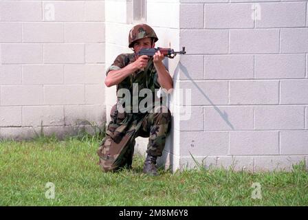 A Member of US Marine Corps Company 4 takes cover after a simulated sniper fire during Situational Training Exercise -2, Military Operations in Urban Terrain, COOPERATIVE OSPREY '96. Cooperative Osprey '96 is a United States Atlantic Command sponsored exercise, that will be conducted by Marine Forces Atlantic, in August 1996 at Camp Lejeune, North Carolina. Cooperative Osprey, under the Partnership for Peace program, will provide interoperability training in peacekeeping and humanitarian operations along NATO/IFOR standards, with an emphasis on individual and collective skills. Subject Operati Stock Photo