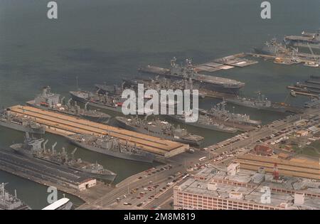 An aerial view of a section of the Norfolk Naval Base showing six naval ...