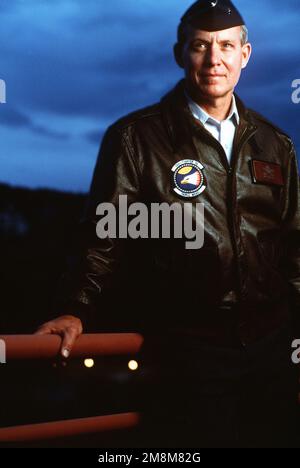 Brig. GEN. Steve Ritchie, dressed in his leather jacket, poses for an informal portrait. He is the mobilization assistant to the commander of Air Force Recruiting Service. He survived two combat tours flying 195 missions during the Vietnam War and is the only American Air Force F-4 Phantom ace pilot with five MiG-21 shoot down victories. Brig GEN. Ritchie served as an instructor at the Air Force's 'top gun' Fighter Weapons School making changes in the way our best fighter pilots were taught the knowledge he learned in the war.Published in AIRMAN Magazine September 1996 Exact Date Shot Unknown. Stock Photo