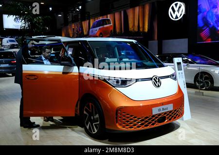 Brussels, Belgium. 13th Jan, 2023. Volkswagen car on display during the opening of the Brussels Motor Show at the Expo in Brussels, Belgium on Jan. 13, 2023. Credit: ALEXANDROS MICHAILIDIS/Alamy Live News Stock Photo