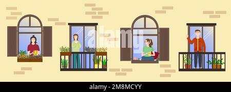 Facade of a house with open windows and balconies. Different types of people communicate as neighbors.  Stock Vector
