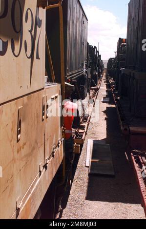 SGT William Smith, 1152nd Transportation Company, Chicago, IL, insures there is no obstructions in the way of railroad boxcars as the trains pull away from the loading dock. These activities are in preparation for the world's largest joint service, multi-national tactical air operations exercise. Subject Operation/Series: ROVING SANDS '97 Base: Roswell State: New Mexico (NM) Country: United States Of America (USA) Stock Photo