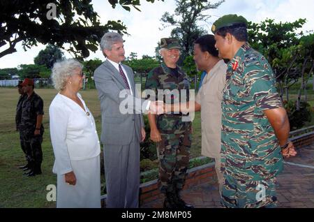 Charge d' Affairs, Mr. Hugh Simon greets Guyana President Samuel A. A. Hinds as the Prime Minister and First Vice President, Honorable Mrs. Jagan; LT. GEN. Frank B. Campbell, 12th A.F. and U.S. Southern Command's Air Force Commander and Brigadier Joe Singh, Guyana Defense Force CHIEF of STAFF looks on. The occasion was the opening ceremonies for New Horizon '97, the first combined humanitarian and civic assistance exercise conducted between the United States and Guyana. Military personnel from the Air Force, Air Force Reserve & National Guard, Army, Army National Guard and Marine Corps partici Stock Photo