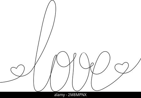 Continuous line drawing Hand drawn lettering love with hearts. One line Design for greeting Valentines cards. Sticker. Isolate. Good for poster, banner or postcard, invitation, brochure and price. EPS Stock Vector