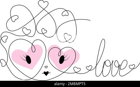 Continuous line drawing heart love sign in cartoon style made up of many hearts and lettering Love. Valentines day. Isolate. Design for greeting or invitation, poster, lettering or label, price. EPS Stock Vector