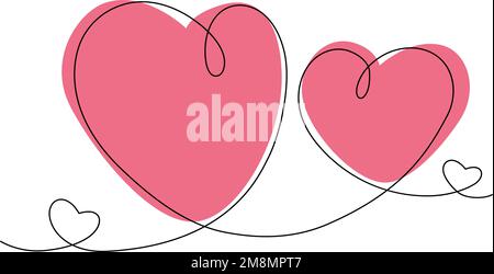 Continuous line Hand drawn hearts on background two hearts in trendy hue. Valentines day. Design for cards, posters, brochures. Isolate. Good for lettering, banner, greeting, invitation or label. EPS Stock Vector
