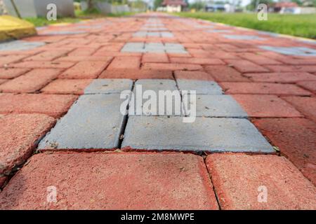 Orange colored paving block bricks path in the park close up Stock Photo