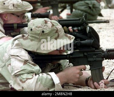 A US Navy SEALS, from SEAL team 8, shoot M-4 Carbine rifles on a firing range in Kuwait as part of the Southwest Asia buildup. Country: Kuwait (KWT) Stock Photo