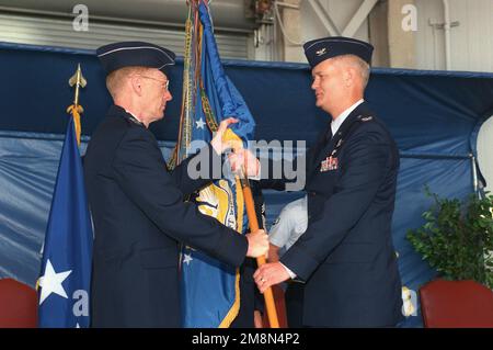 US Air Force Lieutenant General John W. Handy, Commander 21st Air Force, officiated at the 437th Airlift Wing Change of Command, as Brigadier General Steven A. Roser relinquishes command to Brigadier General (Select) Robert D. Bishop Jr. Base: Charleston Air Force Base State: South Carolina (SC) Country: United States Of America (USA) Stock Photo