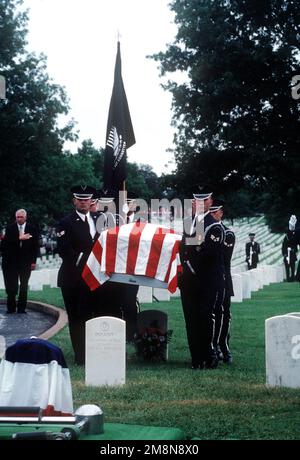 United States Air Force Color Guard carry the remains of USAF First Lieutenant Michael Blassie's body to his final resting place at the Jefferson Barracks National Cemetery in St. Louis, Missouri. 1LT Blassie was shot down and killed in South Vietnam on May 11th, 1972. A mix up with dog tags and body identification led the remains listed as Unknown and buried in the tomb of the Unknown Soldier at Arlington National Cemetery (Not shown). Using DNA testing on May 14th, 1998, the remains were indentified as those of 1LT Blassie and services were held in his honor. This image is seen in the Septem Stock Photo