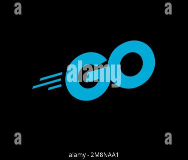 Go programming language, rotated logo, black background Stock Photo