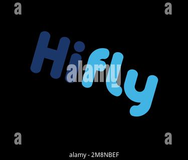 Hi Fly airline, rotated logo, black background B Stock Photo