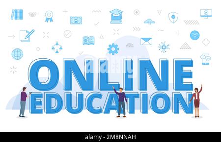 online education concept with big words and people surrounded by related icon with blue color style vector illustration Stock Photo