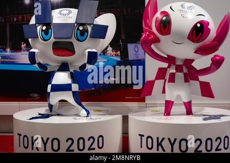 Chiba, Chiba Prefecture, Japan. 14th Jan, 2023. The mascots of the Tokyo 2020 Olympic Games, Miraitowa and Someity.The Tokyo 2020 Olympics, originally planned for 2020, were held in 2021 due to the COVID-19 pandemic, it was the second time that the Summer Olympic Games were held in Japan. The Games featured 33 sports and 339 events, with athletes from around the world competing for medals. The event was held under strict safety protocols to prevent the spread of COVID-19. Tokyo Auto Salon (æ±äº¬ã‚ªãƒ¼ãƒˆã‚µãƒ-ãƒ³) is considered one of the most prestigious aftermarket car shows in the wo Stock Photo