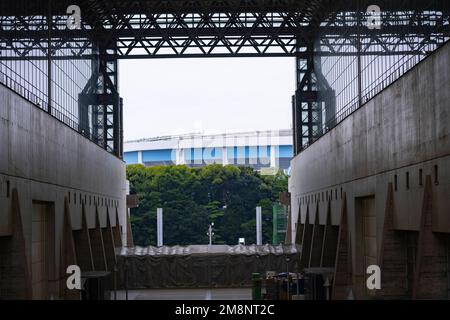 Chiba, Chiba Prefecture, Japan. 14th Jan, 2023. A general view between convention halls at the massive Makuhari Messe Convention Center, facing towards Zozo Marine Stadium, home of the Chiba Lotte Marines baseball team.Tokyo Auto Salon (æ±äº¬ã‚ªãƒ¼ãƒˆã‚µãƒ-ãƒ³) is considered one of the most prestigious aftermarket car shows in the world, attracting car enthusiasts, manufacturers, and media from all over the globe. The show features a wide range of customized and high-performance cars, including sports cars, luxury cars, and even trucks and buses. Visitors can also expect to see car-relate Stock Photo