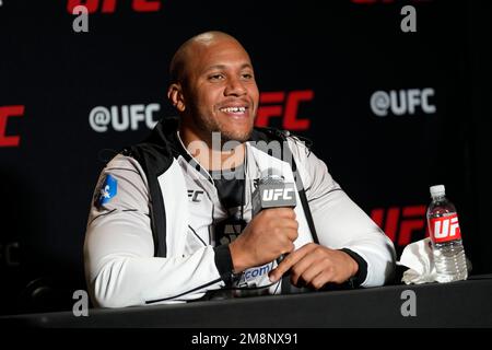 January 14, 2023, Las Vegas, NV, LAS VEGAS, NV, United States: LAS VEGAS, NV - JANUARY 14: Cyril Gane meets with the press following Vegas 67 at UFC Apex for UFC Fight Night - Vegas 67 - Strickland vs Imavov - Event on January 14, 2023 in Las Vegas, NV, United States. (Credit Image: © Louis Grasse/PX Imagens via ZUMA Press Wire) EDITORIAL USAGE ONLY! Not for Commercial USAGE! Credit: ZUMA Press, Inc./Alamy Live News Stock Photo