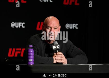 January 14, 2023, Las Vegas, NV, LAS VEGAS, NV, United States: LAS VEGAS, NV - JANUARY 14: Dana White meets with the press following Vegas 67 at UFC Apex for UFC Fight Night - Vegas 67 - Strickland vs Imavov - Event on January 14, 2023 in Las Vegas, NV, United States. (Credit Image: © Louis Grasse/PX Imagens via ZUMA Press Wire) EDITORIAL USAGE ONLY! Not for Commercial USAGE! Credit: ZUMA Press, Inc./Alamy Live News Stock Photo