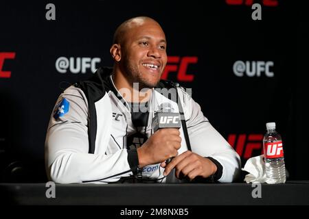 January 14, 2023, Las Vegas, NV, LAS VEGAS, NV, United States: LAS VEGAS, NV - JANUARY 14: Cyril Gane meets with the press following Vegas 67 at UFC Apex for UFC Fight Night - Vegas 67 - Strickland vs Imavov - Event on January 14, 2023 in Las Vegas, NV, United States. (Credit Image: © Louis Grasse/PX Imagens via ZUMA Press Wire) EDITORIAL USAGE ONLY! Not for Commercial USAGE! Credit: ZUMA Press, Inc./Alamy Live News Stock Photo