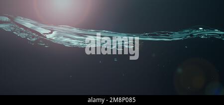 Liquid suface line between underwater and above water with black background. Show water bubble splashing and floating drop. Close up water bubbles tex Stock Photo
