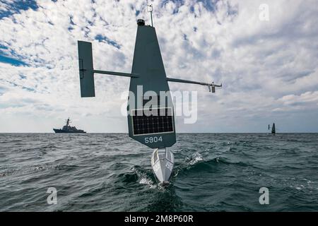 Arabian Gulf. 8th Jan, 2023. Two Saildrone Explorer unmanned surface vessels and the guided-missile destroyer USS Delbert D. Black (DDG 119) operate in the Arabian Gulf, January. 8. Delbert D. Black is deployed to the U.S. 5th Fleet area of operations to help ensure maritime security and stability in the Middle East region. Credit: U.S. Navy/ZUMA Press Wire Service/ZUMAPRESS.com/Alamy Live News Stock Photo