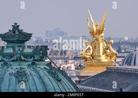 Paris, France - May, 2022: View of Paris cityscape with golden statue and dome of Palais Garnier from Lafayette Galeries rooftop Stock Photo