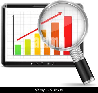 Magnifying glass showing growing bar graph on the screen of tablet computer, vector eps10 illustration Stock Vector
