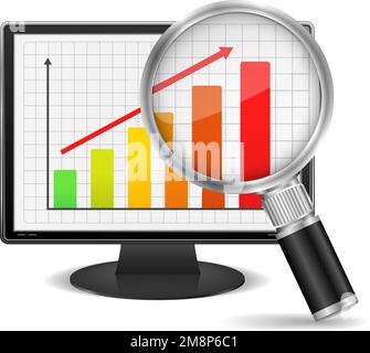 Magnifying glass showing growing bar graph on the screen of computer monitor, vector eps10 illustration Stock Vector