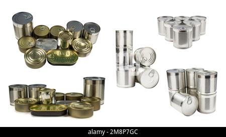 Mix of cans isolated on white background. Copy space. Stock Photo