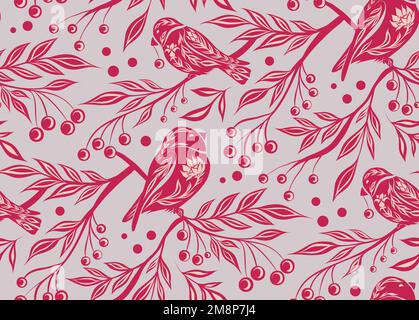 Seamless decorative pattern with birds and rowan berries on branches in magenta color. Tracery texture with bullfinches in the bushes. Folk art Stock Vector