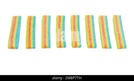 Assorted colorful gummy candies. Top view. Jelly donuts. Jelly bears. Isolated on a white background. Stock Photo
