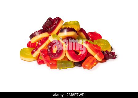 Assorted colorful gummy candies. Top view. Jelly donuts. Jelly bears. Isolated on a white background. Stock Photo
