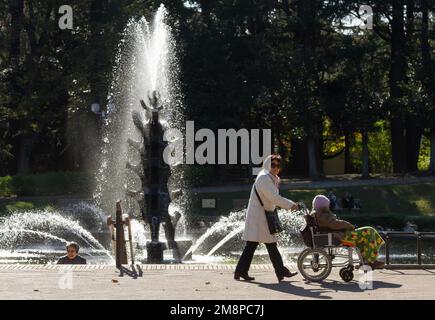 An older Japanese woman pushes another older woman in a wheelchair in Setagaya Park, Tokyo, Japan. Stock Photo